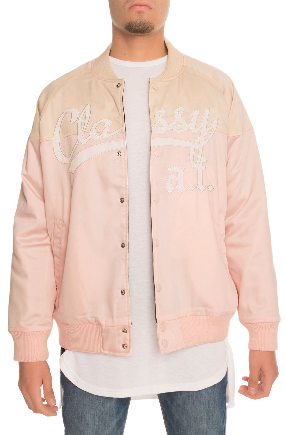 CLASSY BRAND The Classy A.F. Two Tone Baseball Jacket in Lt Pink and ...