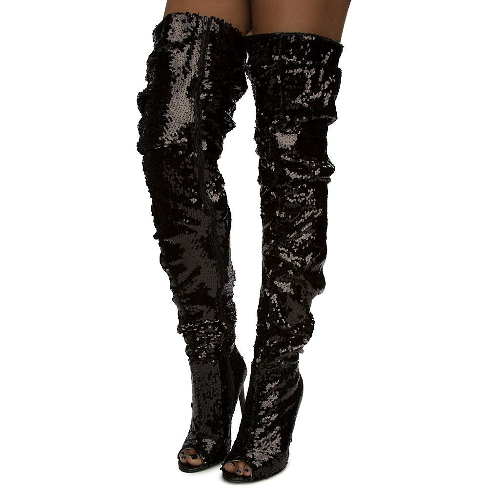 Womens Boots Black Sequin Over The Knee Boots INTOUCH