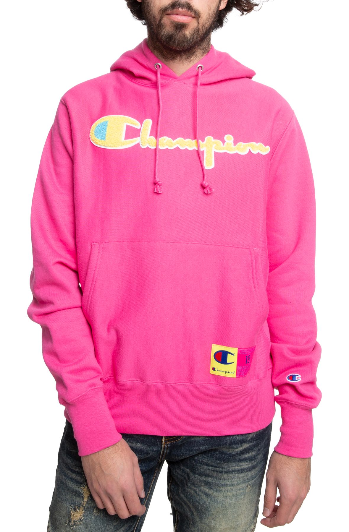 pink champion script hoodie