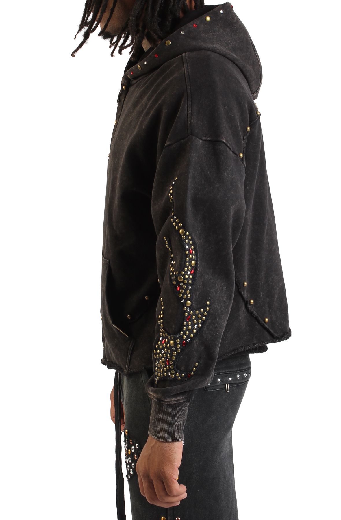 REBEL MINDS Fire Studded Zip Hoodie 652-368-BK - Shiekh