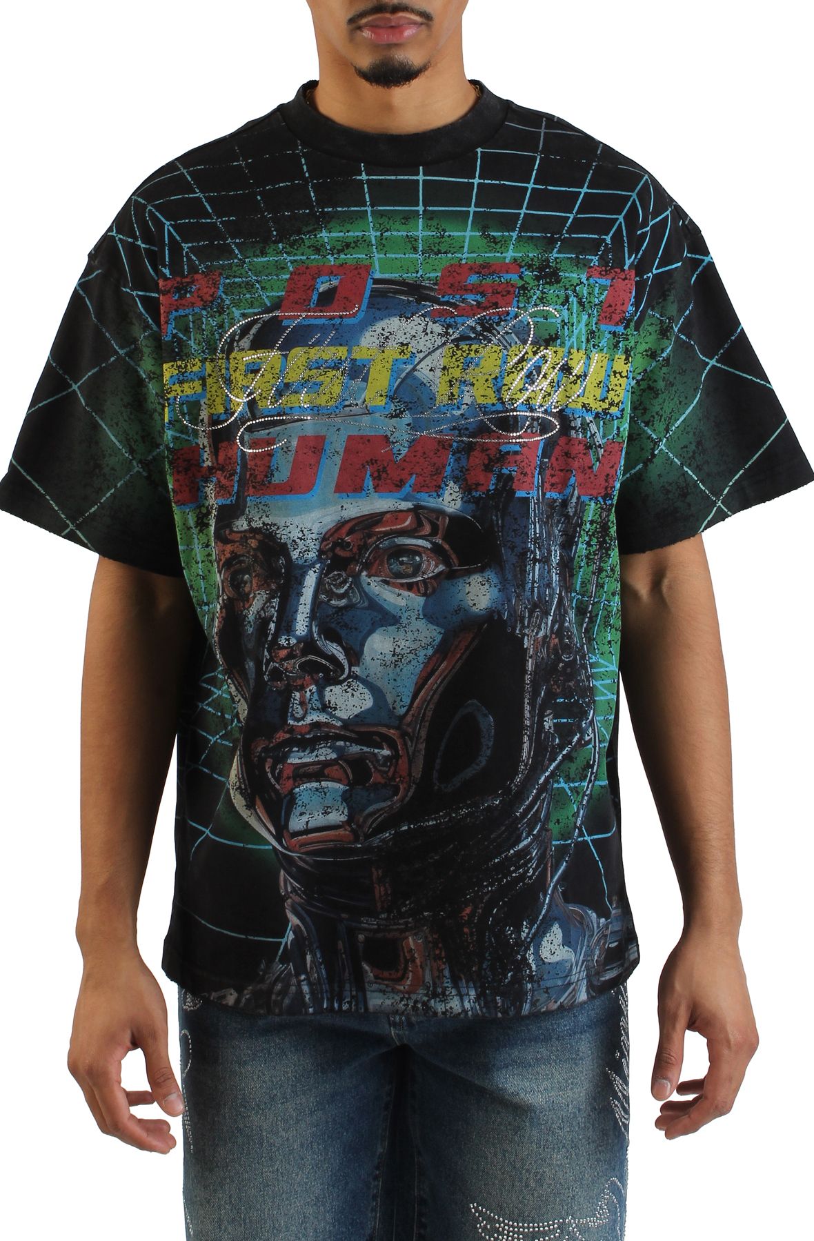 FIRST ROW Post Human Grid T-Shirt FRT2219-BLK - Shiekh