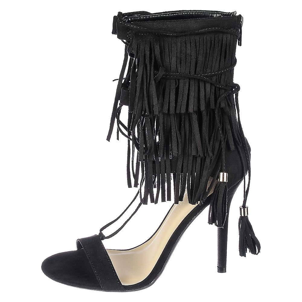 black high heels with fringe