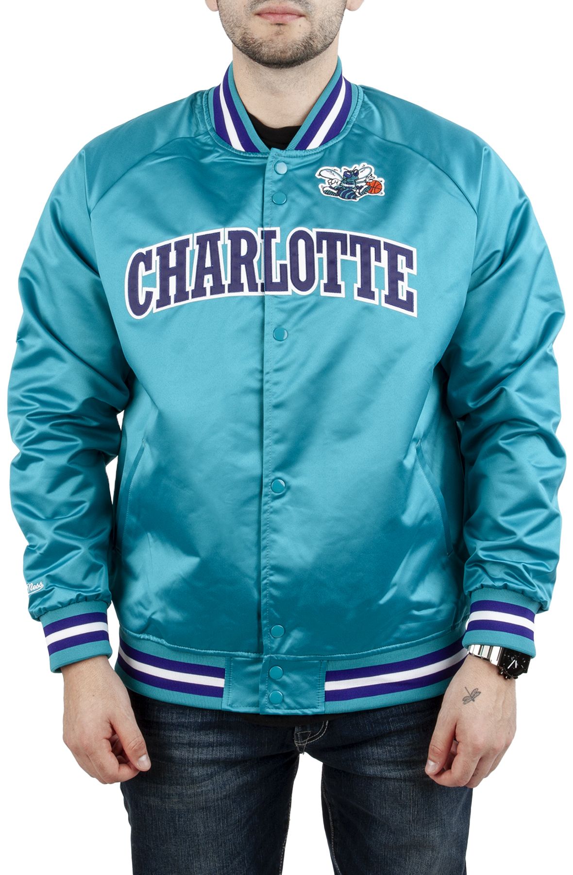 Men's Mitchell & Ness Black/White Charlotte Hornets Team Origins Satin  Full-Snap Varsity Jacket