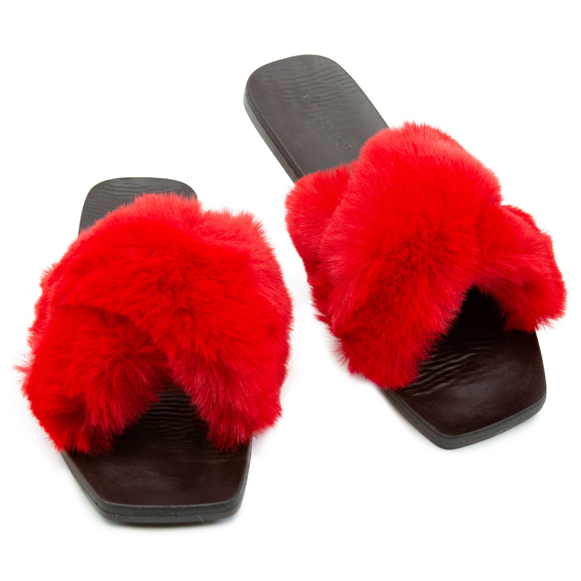 red fluffy sandals