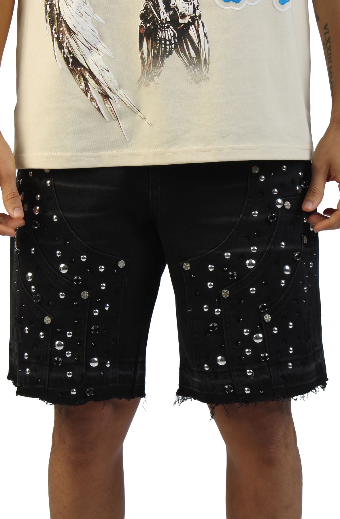 HUDSON Side Panel Studded Denim Shorts 644-BLK - Shiekh