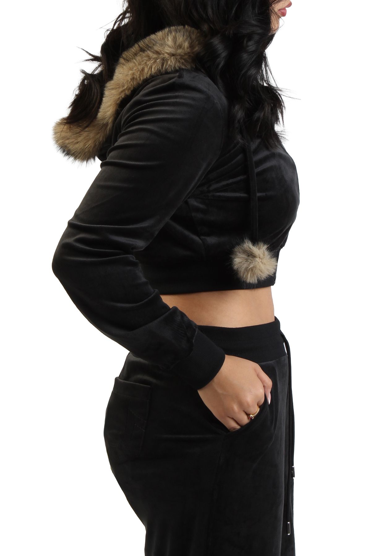 TRUE RELIGION Velour Faux Fur Shrunken Zip-Up Hoodie 209472-1001