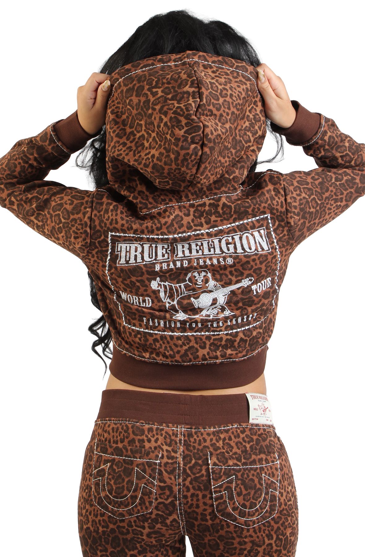 TRUE RELIGION LEOPARD CRYSTAL BIG T SHRUNKEN HOODIE 209789-2141