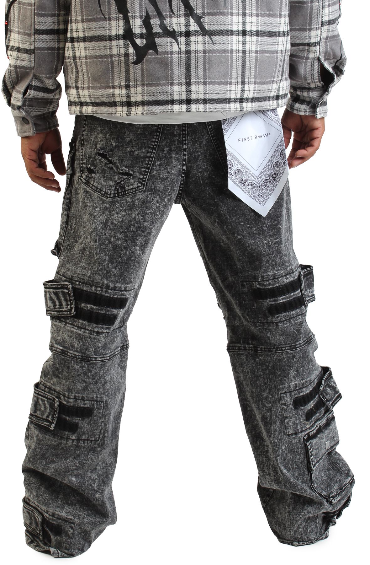 FIRST ROW Washed Multi Cargo Denim Y2K Pants FRD3122-BLK - Shiekh