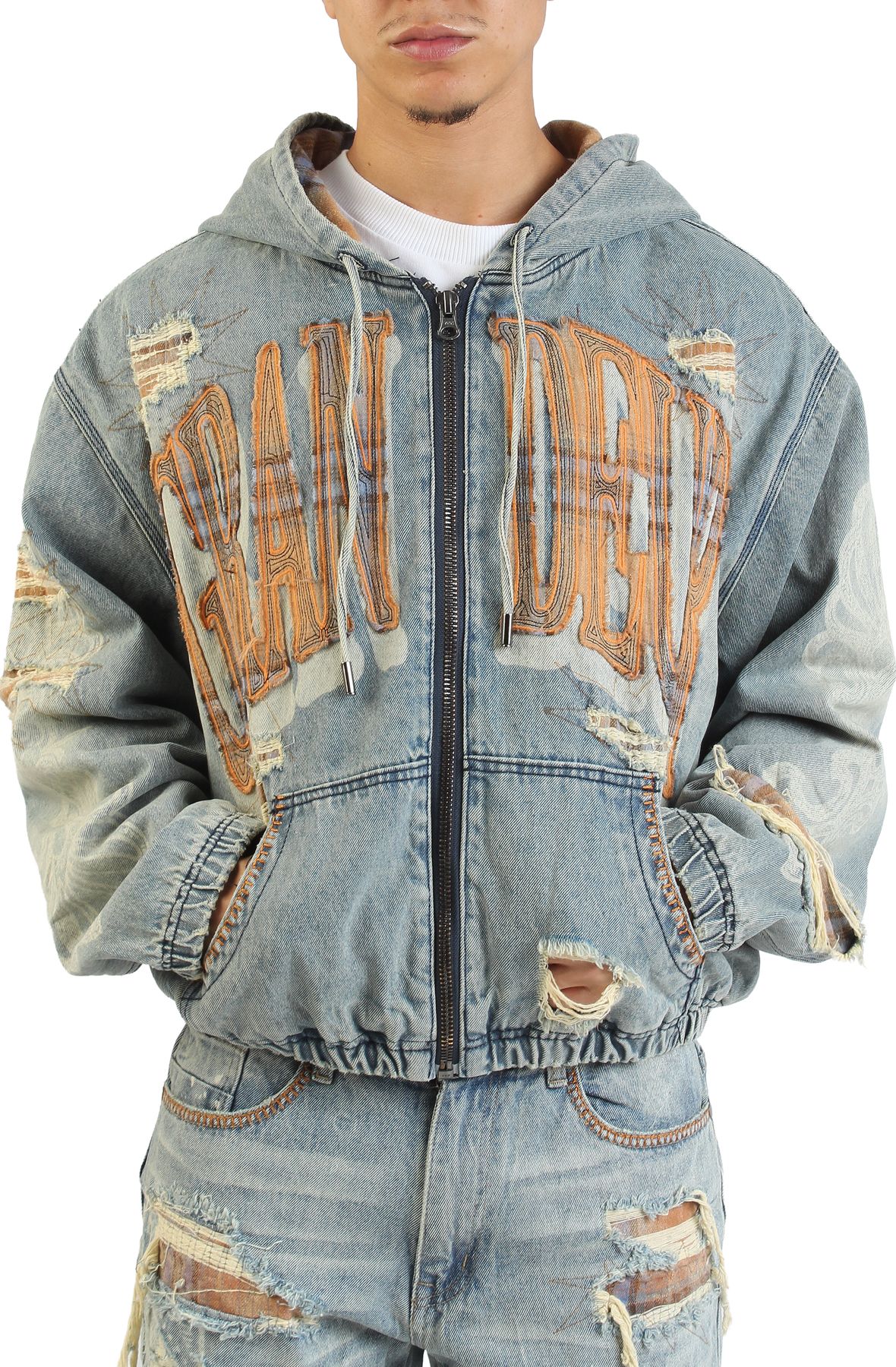 SMOKE RISE Grandeur Plaid Denim Hoodie Jacket JJ25644SK-MUN - Shiekh