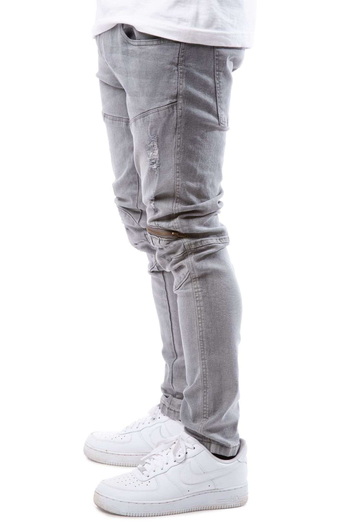 DRVN DENIM NYC Maurice Knee Zip Moto Jeans BT21101-GREY - Shiekh