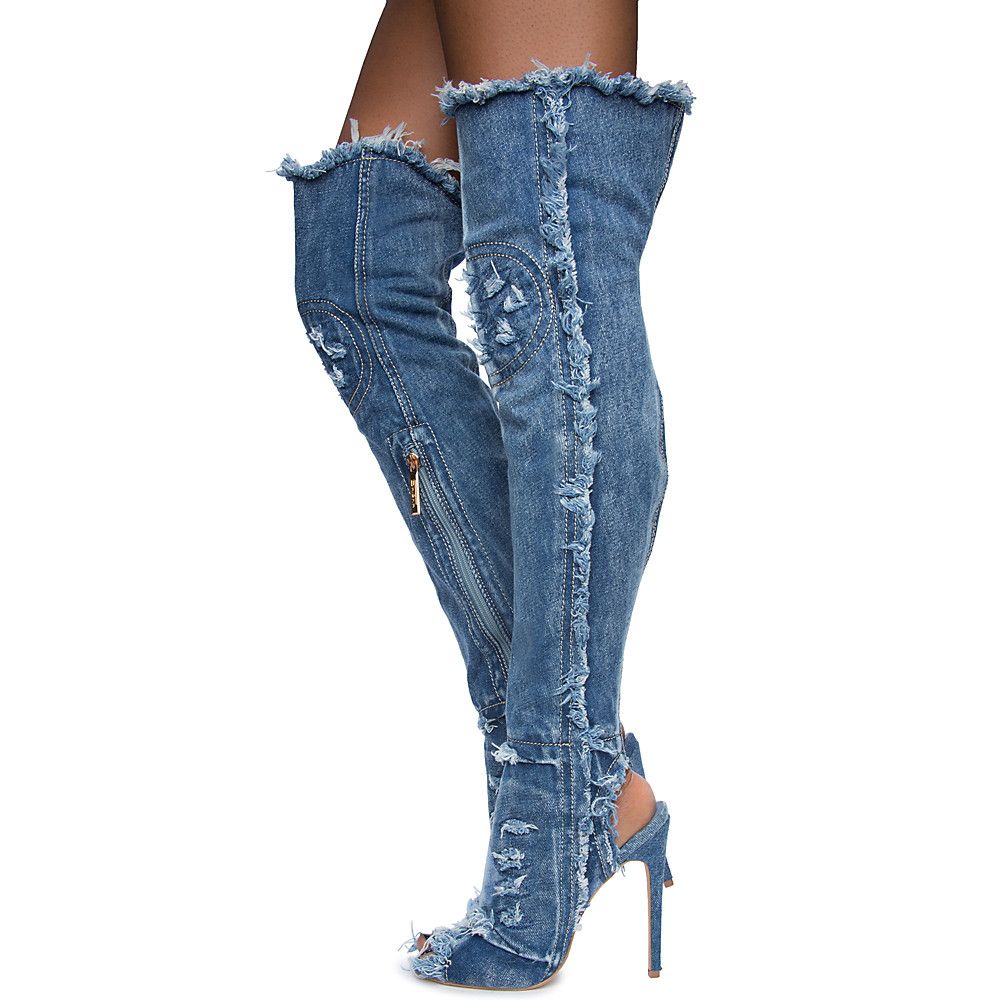 blue jean thigh high boots outfits