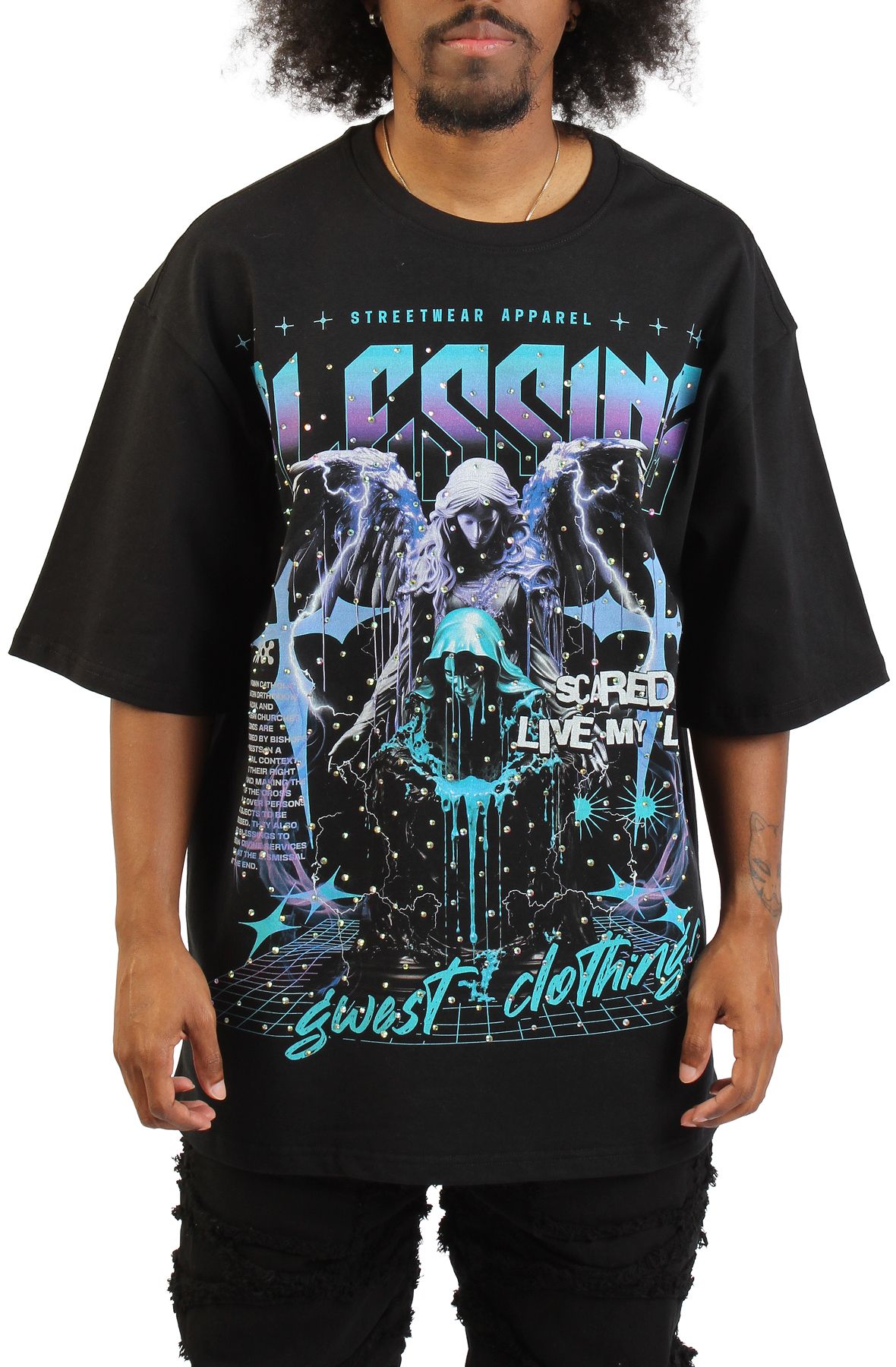 G WEST Blessings Rhinestone T-Shirt RHJMTFG9287-BLK - Shiekh