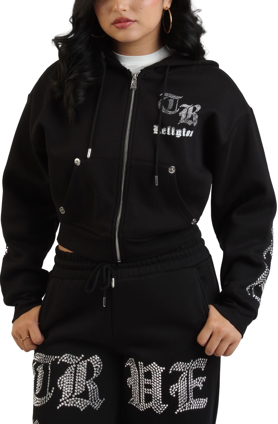 TRUE RELIGION Crystal Logo Cropped Zip-Up Hoodie 209516-1001 - Shiekh