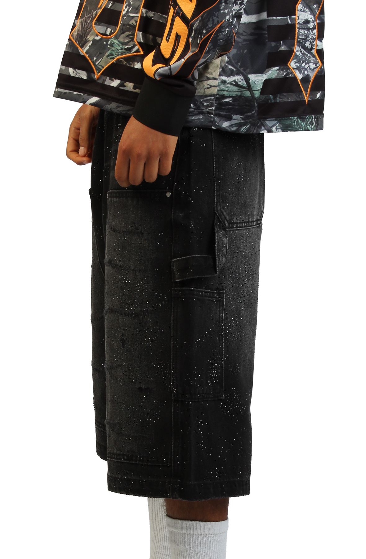 FIRST ROW Rhinestone Denim Jort Shorts FRS3024-BLK - Shiekh