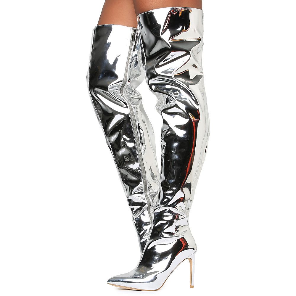 silver metallic thigh high boots