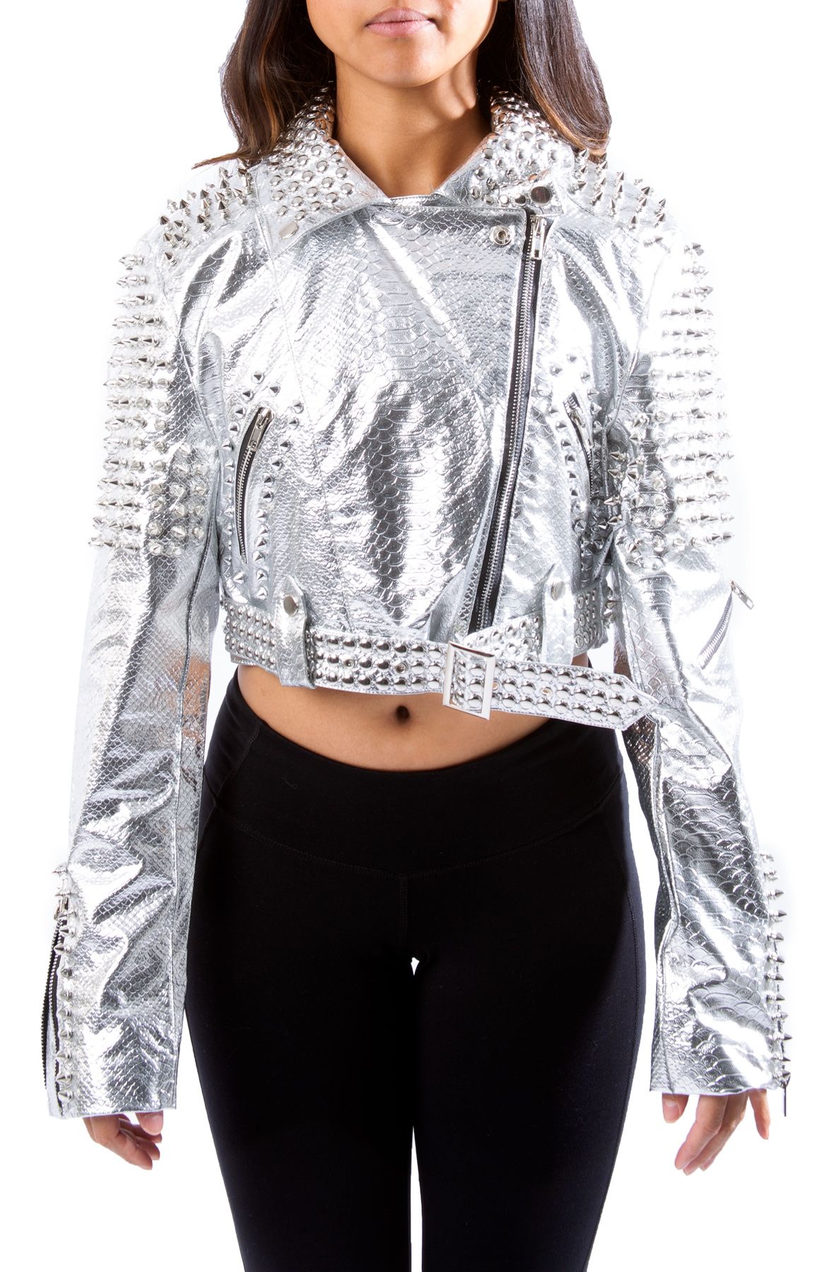 Womens Silver Studded Cropped Jacket for Sale - Hleatherjackets
