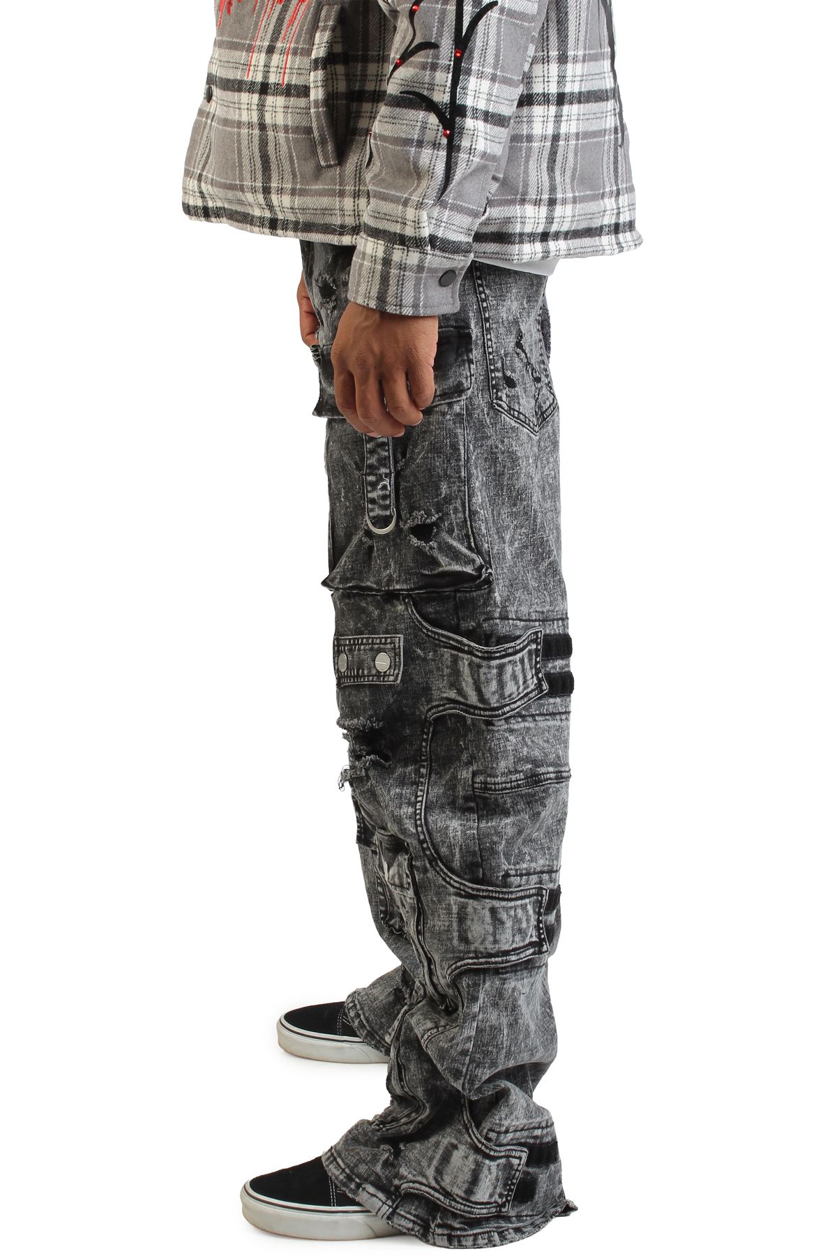 FIRST ROW Washed Multi Cargo Denim Y2K Pants FRD3122-BLK - Shiekh