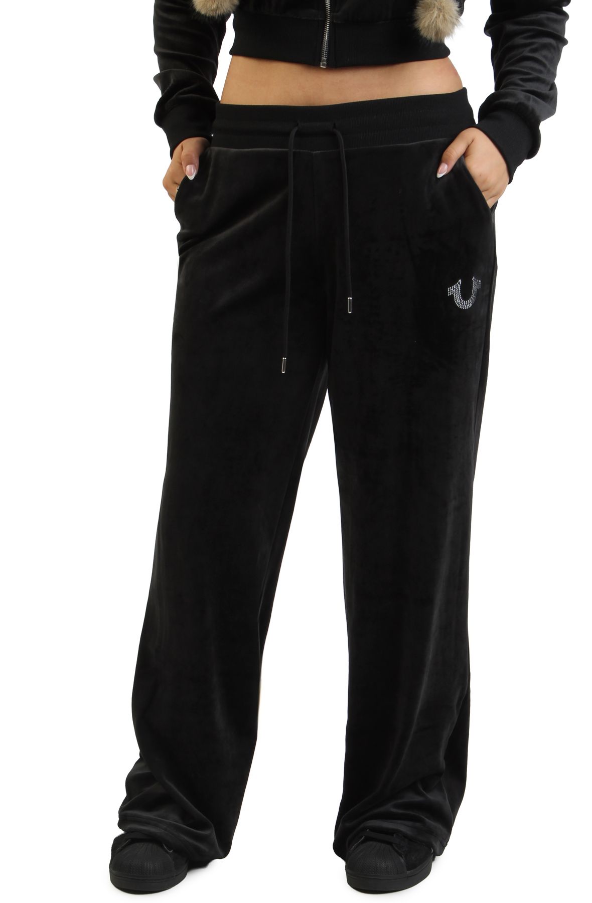 TRUE RELIGION Velour Crystal Horseshoe Straight Leg Sweatpant