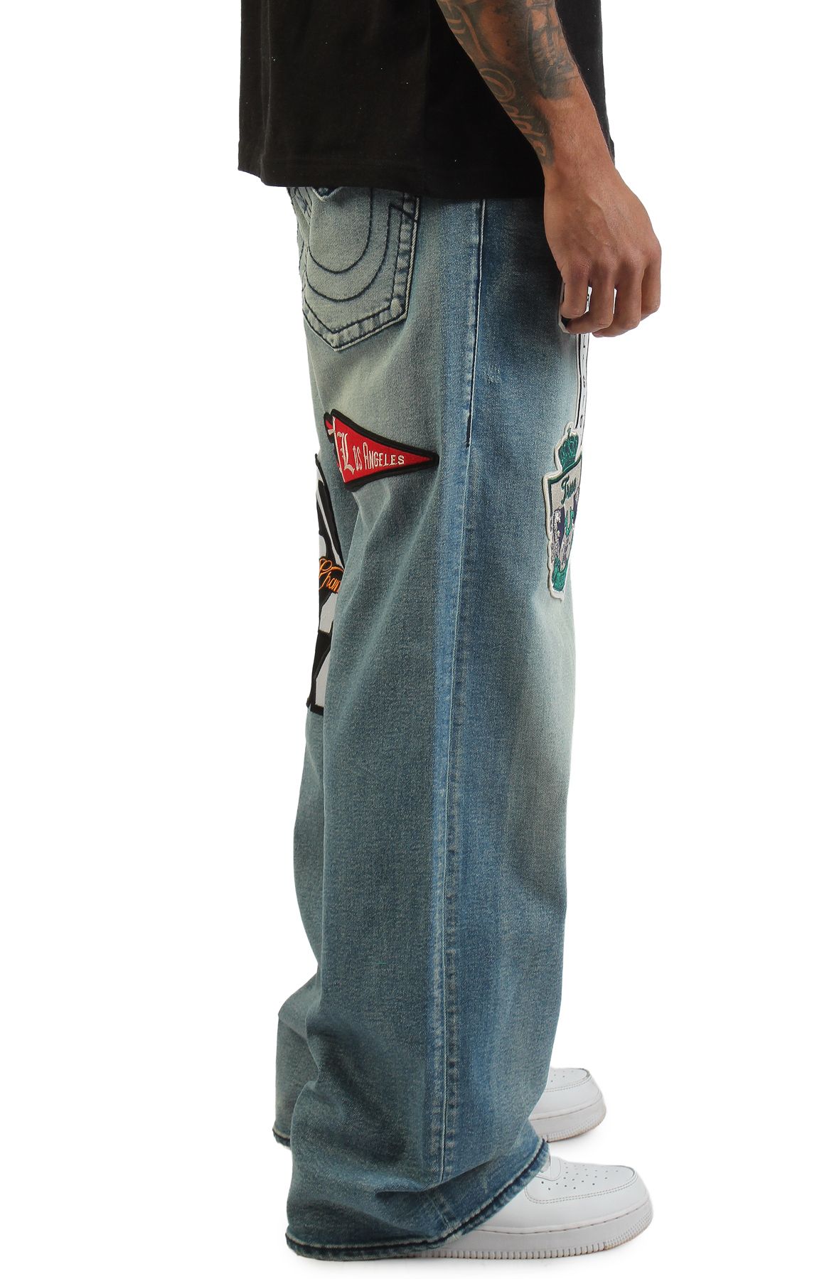 TRUE RELIGION Vinny Varsity Patch Big T Ultra Baggy Jean 34 110197