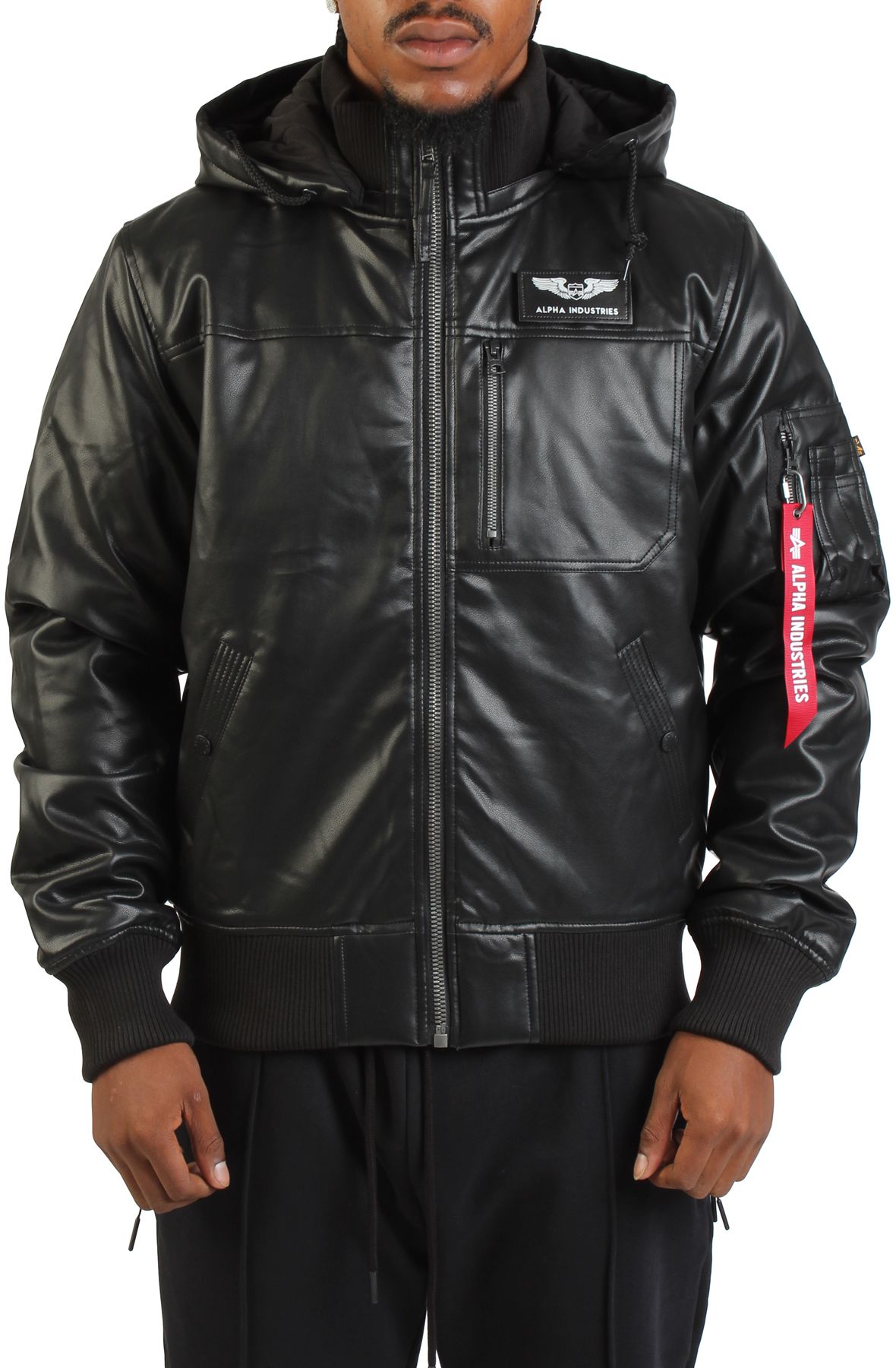ALPHA Faux Leather Hooded Rib Flight Jacket MJF55501C1-BLK - Shiekh