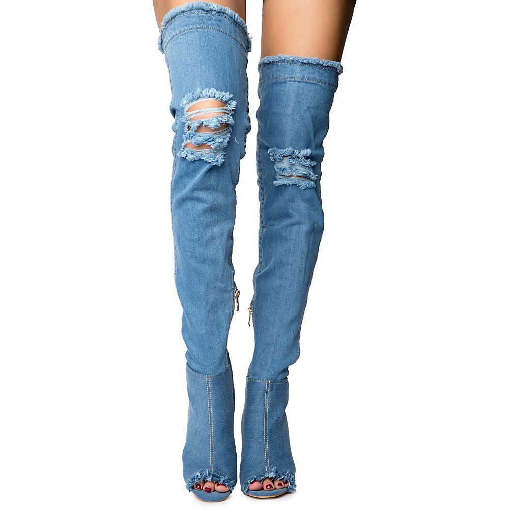 UNA 01 HIGH HEEL OPEN TOE BOOT UNA 01 DK BLUE DENIM