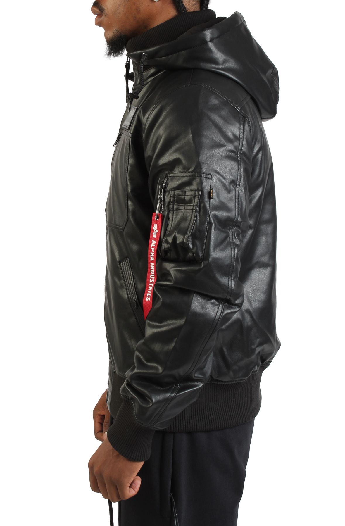 ALPHA Faux Leather Hooded Rib Flight Jacket MJF55501C1-BLK - Shiekh