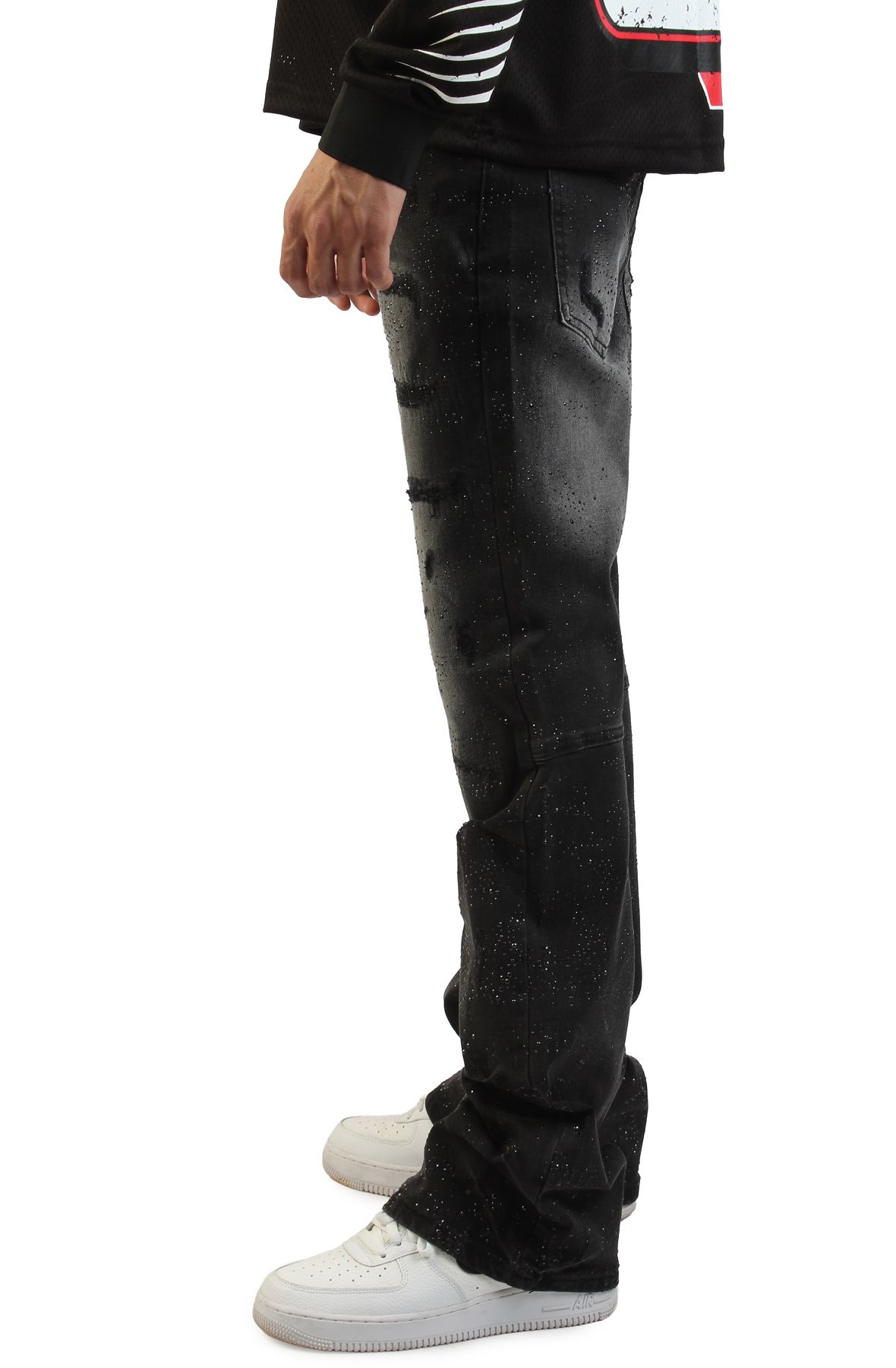 FIRST ROW Flared Rhinestone Jeans FRD4102-BLK - Shiekh