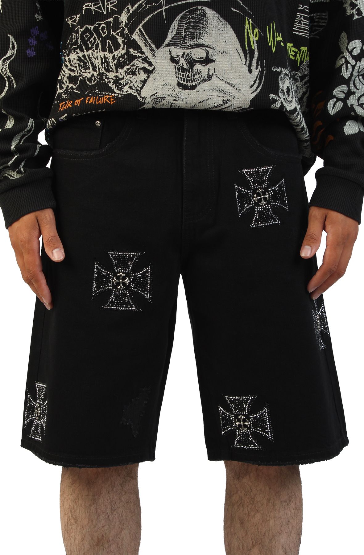 REBEL MINDS Les Saints Denim Shorts 3163-922BLK - Shiekh