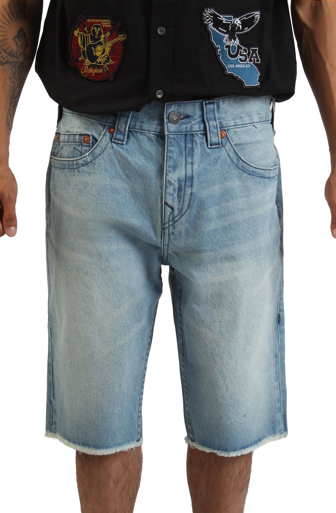 TRUE RELIGION Ricky Embroidered Buddha Pocket Frayed Short