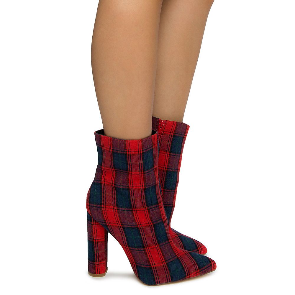 plaid high heel boots