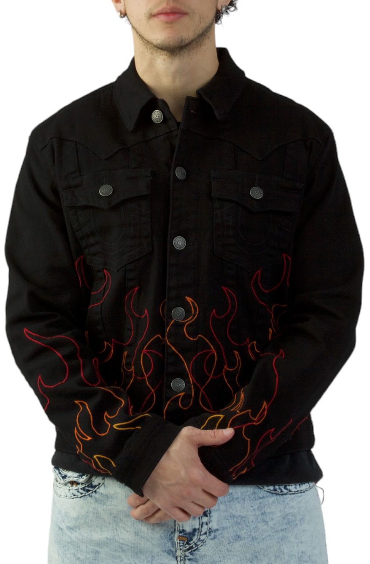 さや true religion damage denim jacket OVERSIZED SUPER T DENIM TRUCKER JACKET - Retro Active Acid