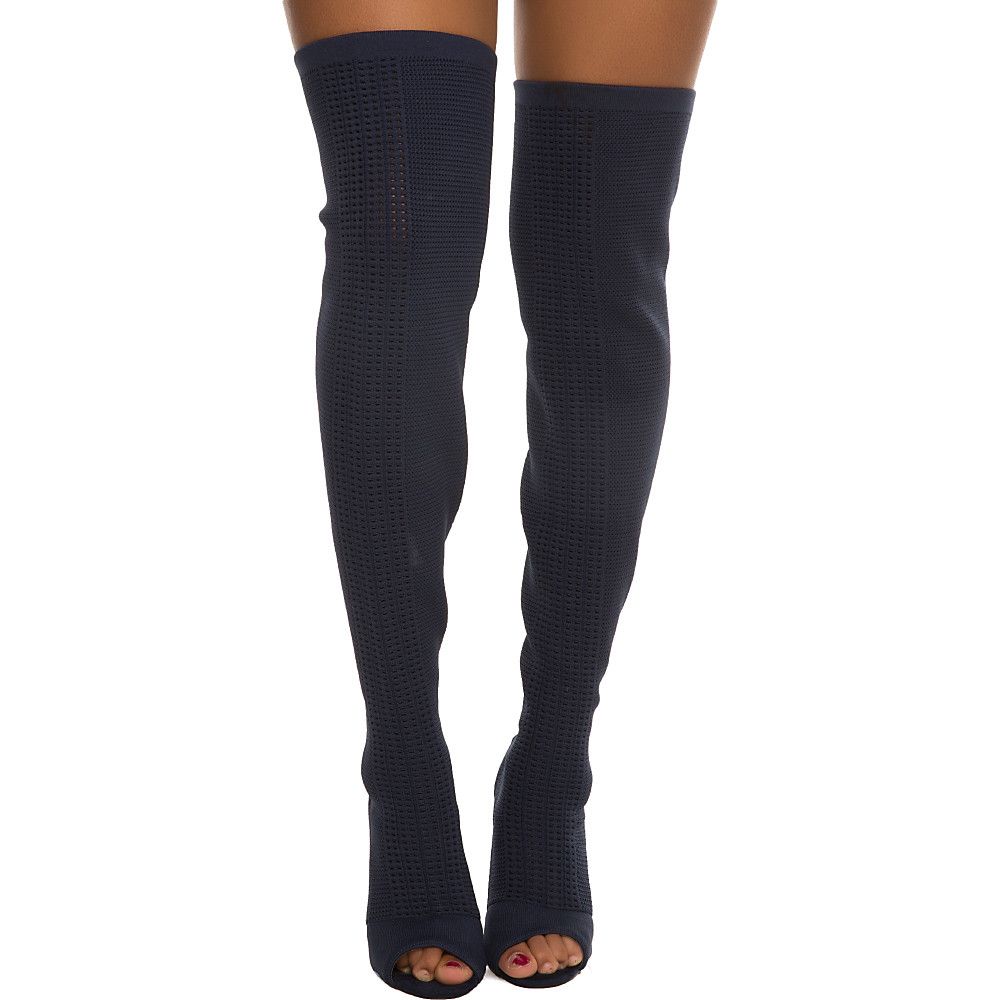 Cape Robbin Elnora-27 Thigh High Boots - Open Toe Knit Stretch Pull On Boots, Black - View #8