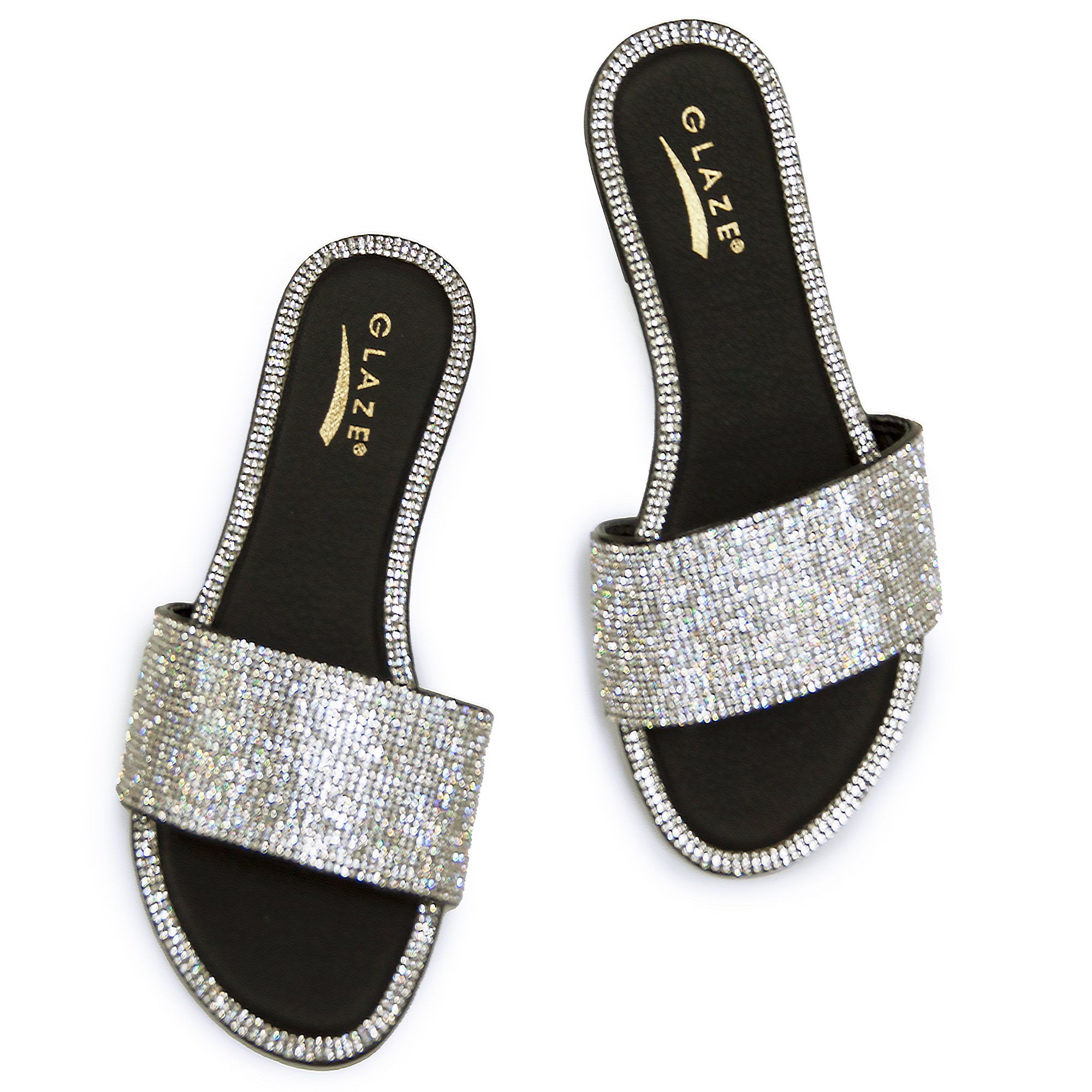  Womens Glitter Flat Sandals Rhinestone Open Toe Shoes