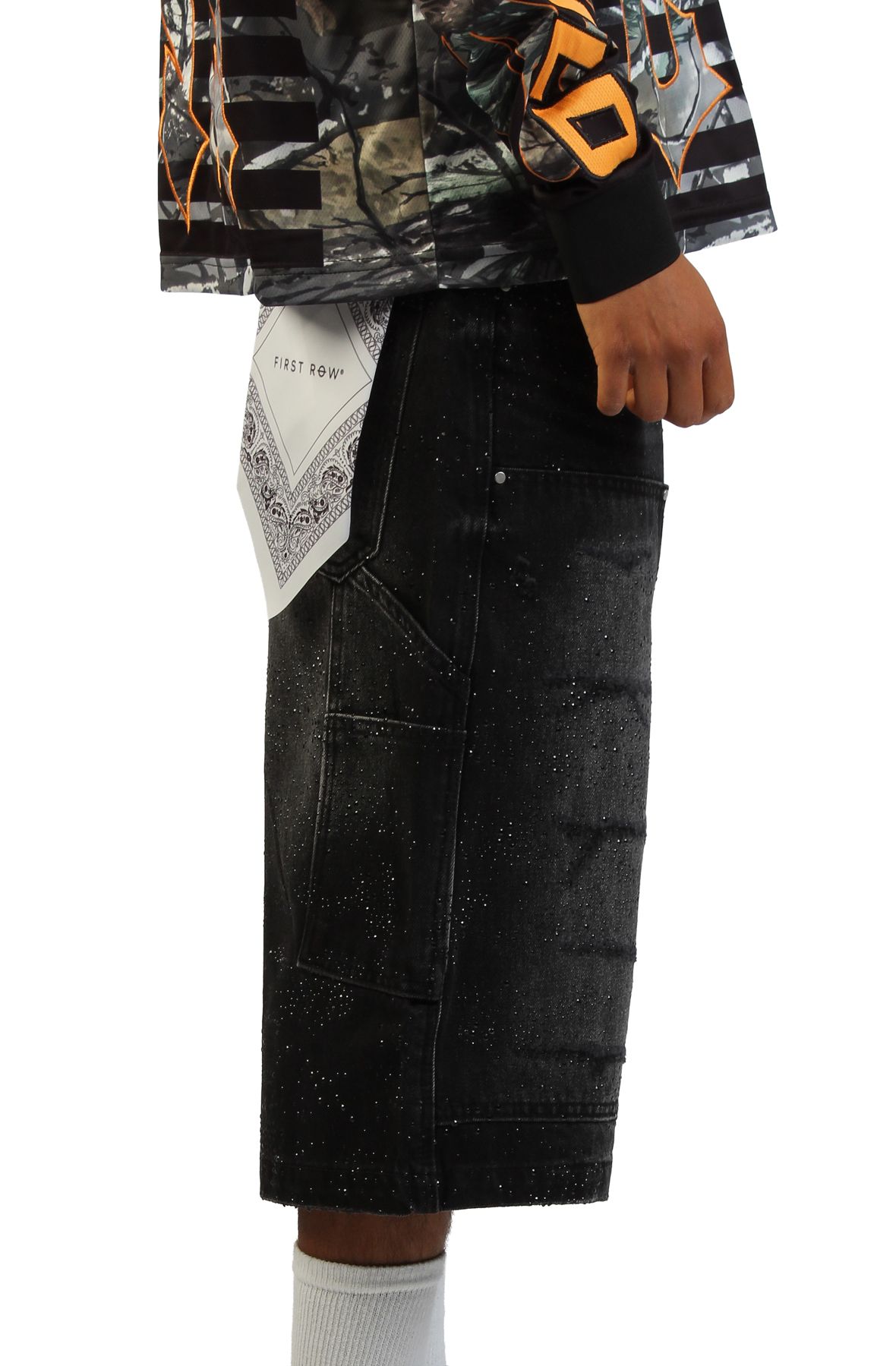 FIRST ROW Rhinestone Denim Jort Shorts FRS3024-BLK - Shiekh