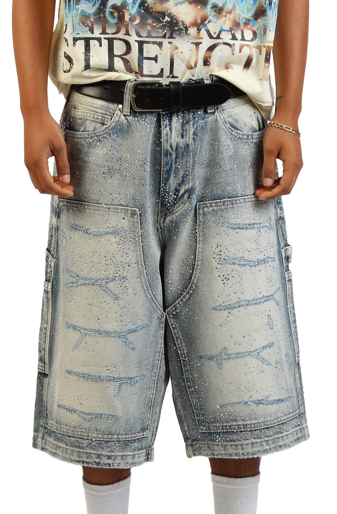 FIRST ROW Rhinestone Denim Jort Shorts FRS3024-TINT - Shiekh