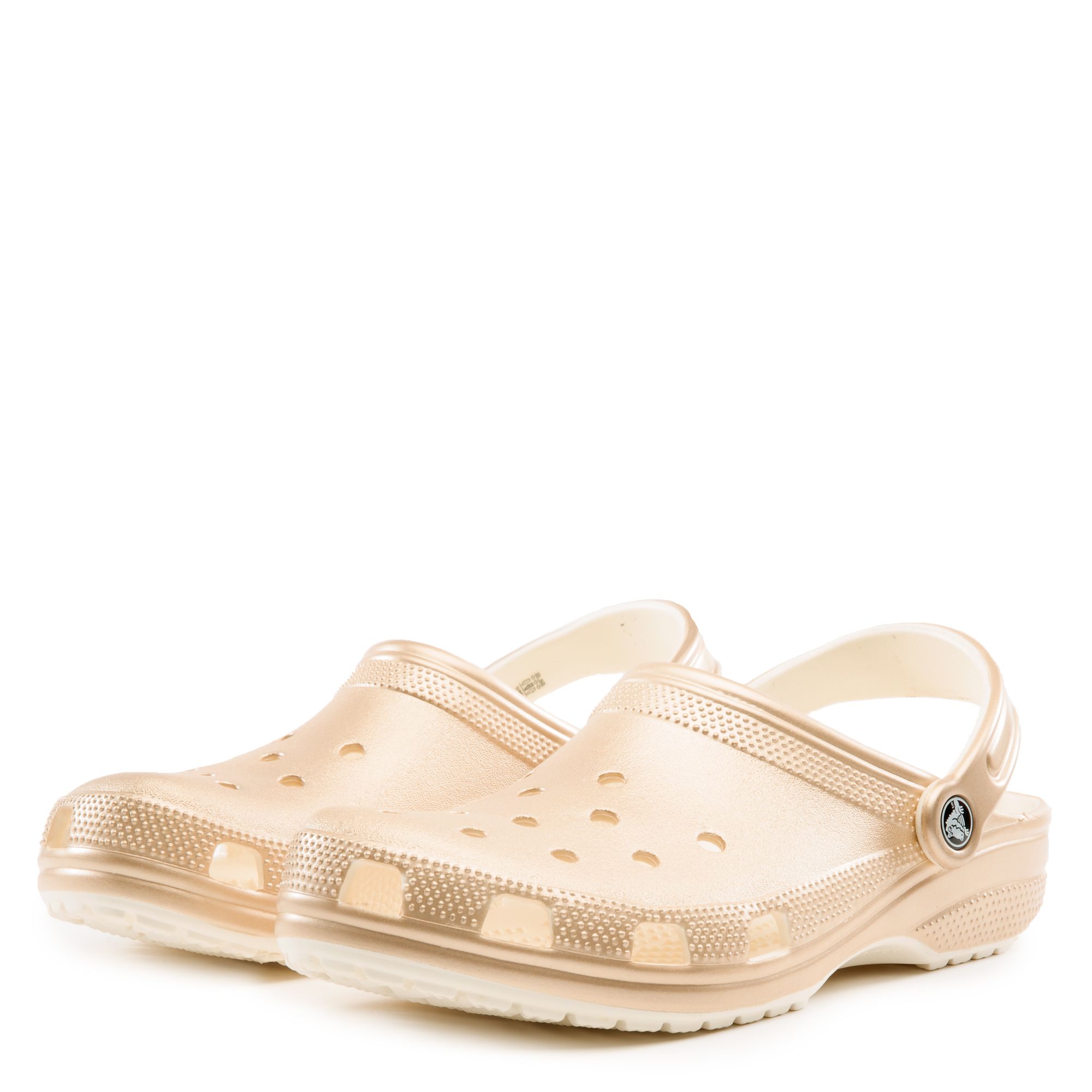 metallic champagne crocs