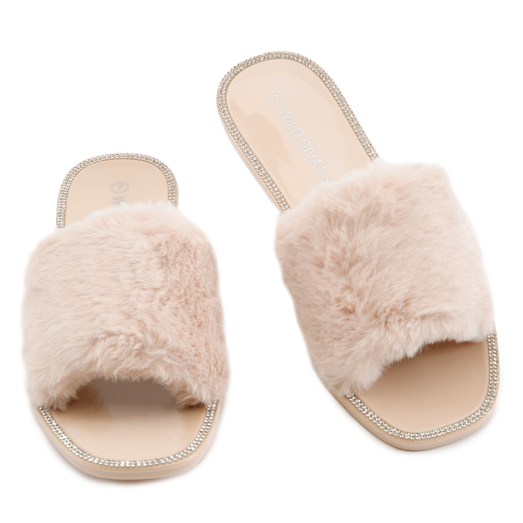 Shearling Fur Slide with rhinestones - Black Flat Women's Sandals