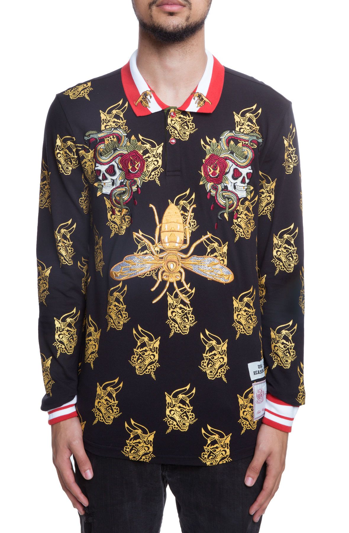 The Reason Snake and Skull Rugby Long Sleeve Polo in Black
