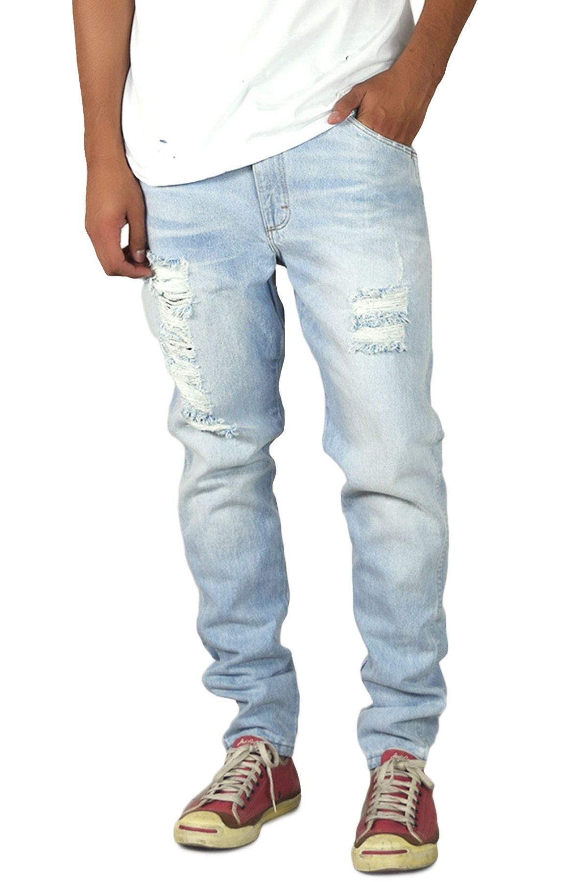 ENSLAVED The Light Stonewashed Ripped Tapered Denim Jeans in 1TAPLST ...