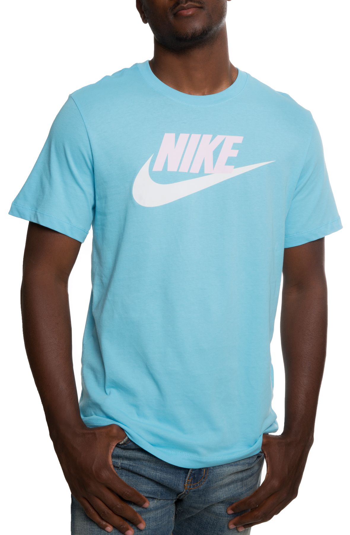 pink blue and white nike shirt