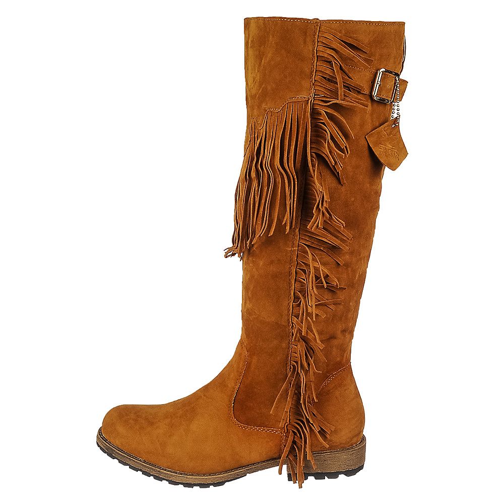 Women's Knee High Fringe Pocket Boot Riley-01 Tan