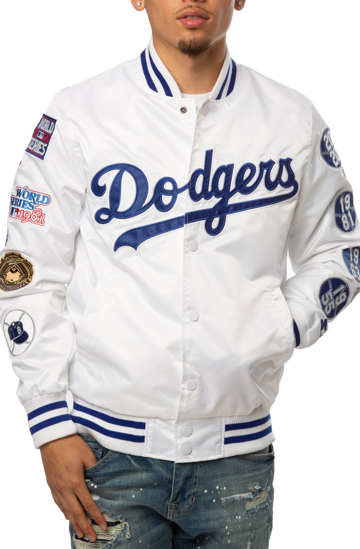 GIII/STARTER Los Angeles Dodgers Home Game Pearl Satin Varsity Mens Jacket (Pearl)