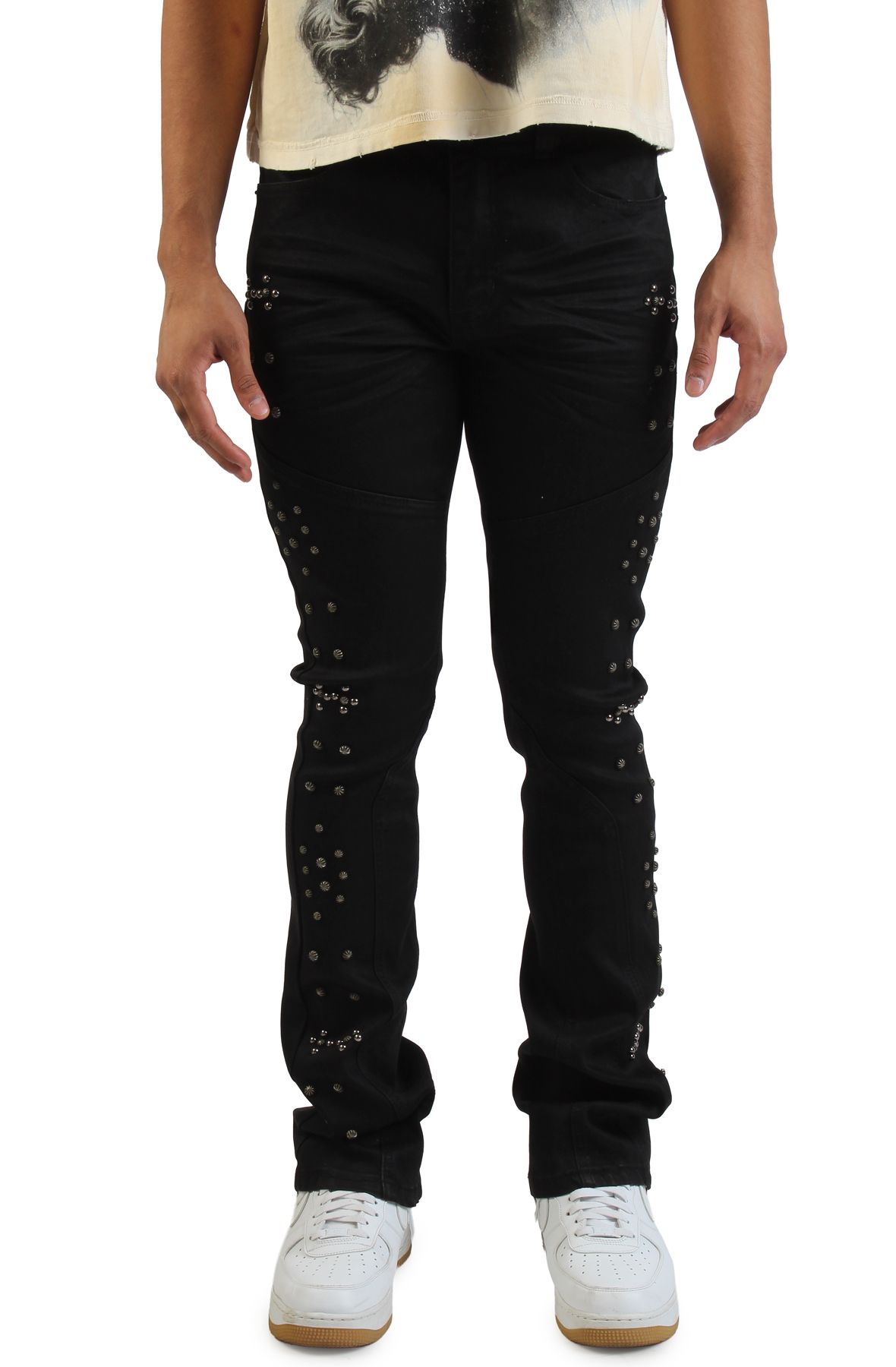 KLOUD 9 Studded Slim Flare Jeans P25196-BLK - Shiekh