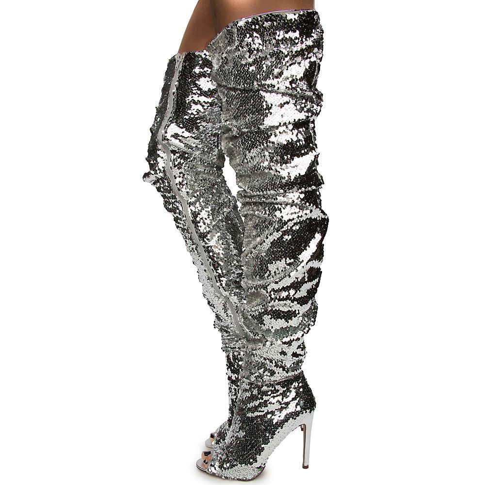 silver sequin thigh high boots