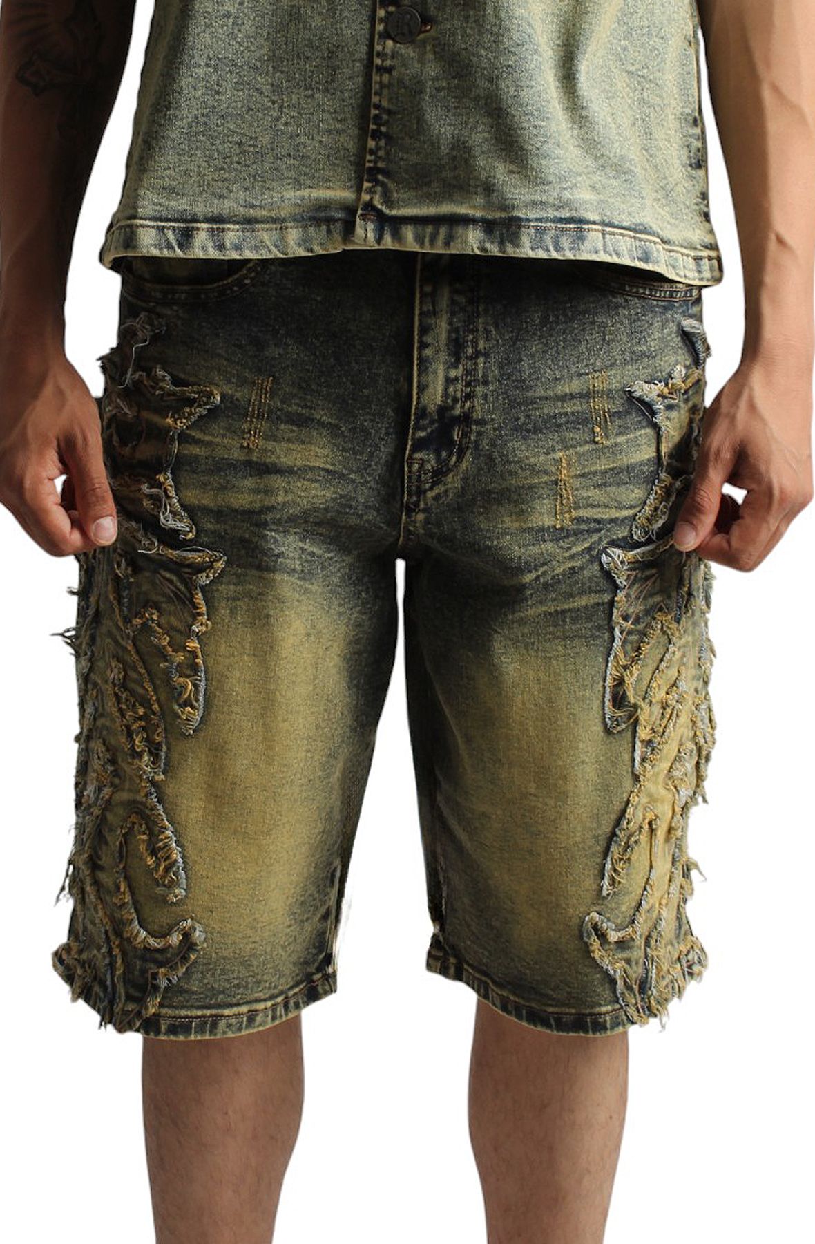 REBEL MINDS Tribal Patch Denim Shorts 651-922VIN - Shiekh