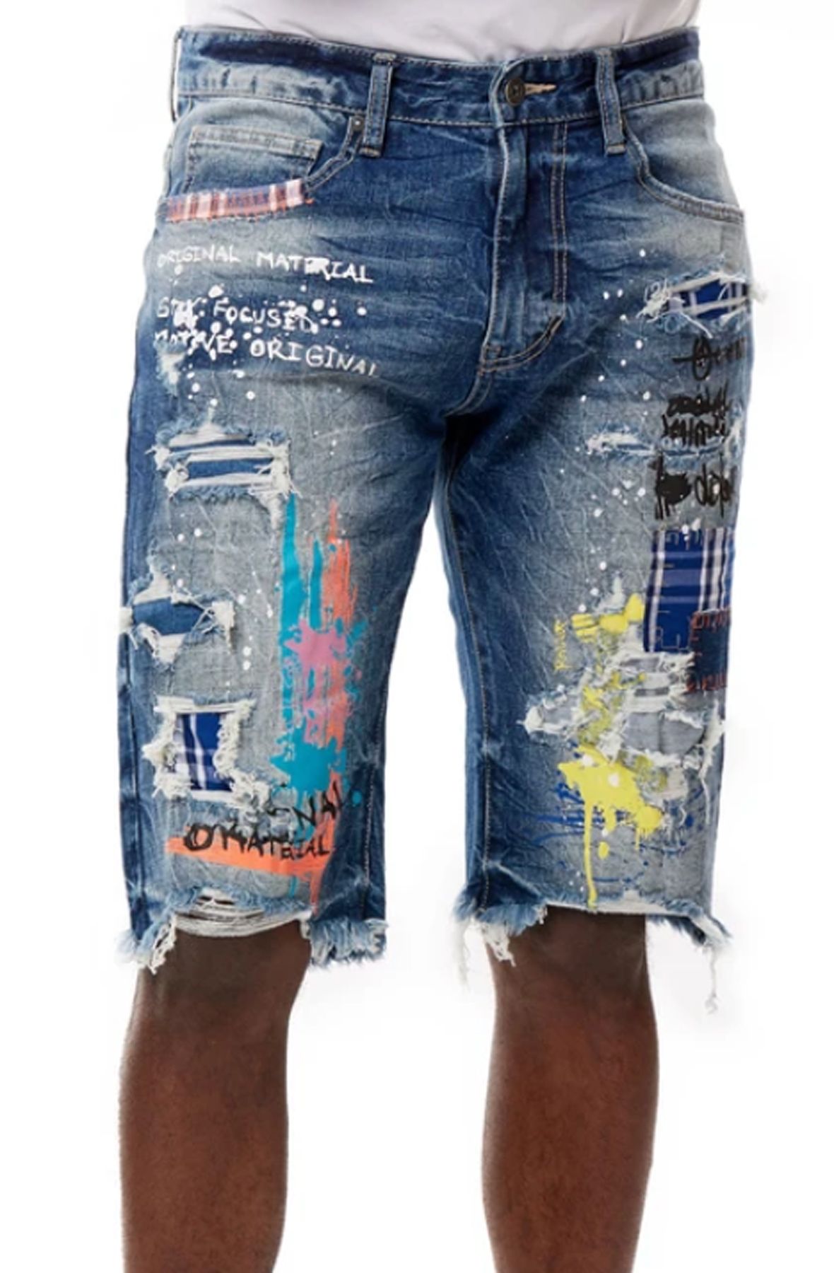 SMOKE RISE Splatter Denim Shorts JS20247-PBLUE - Shiekh