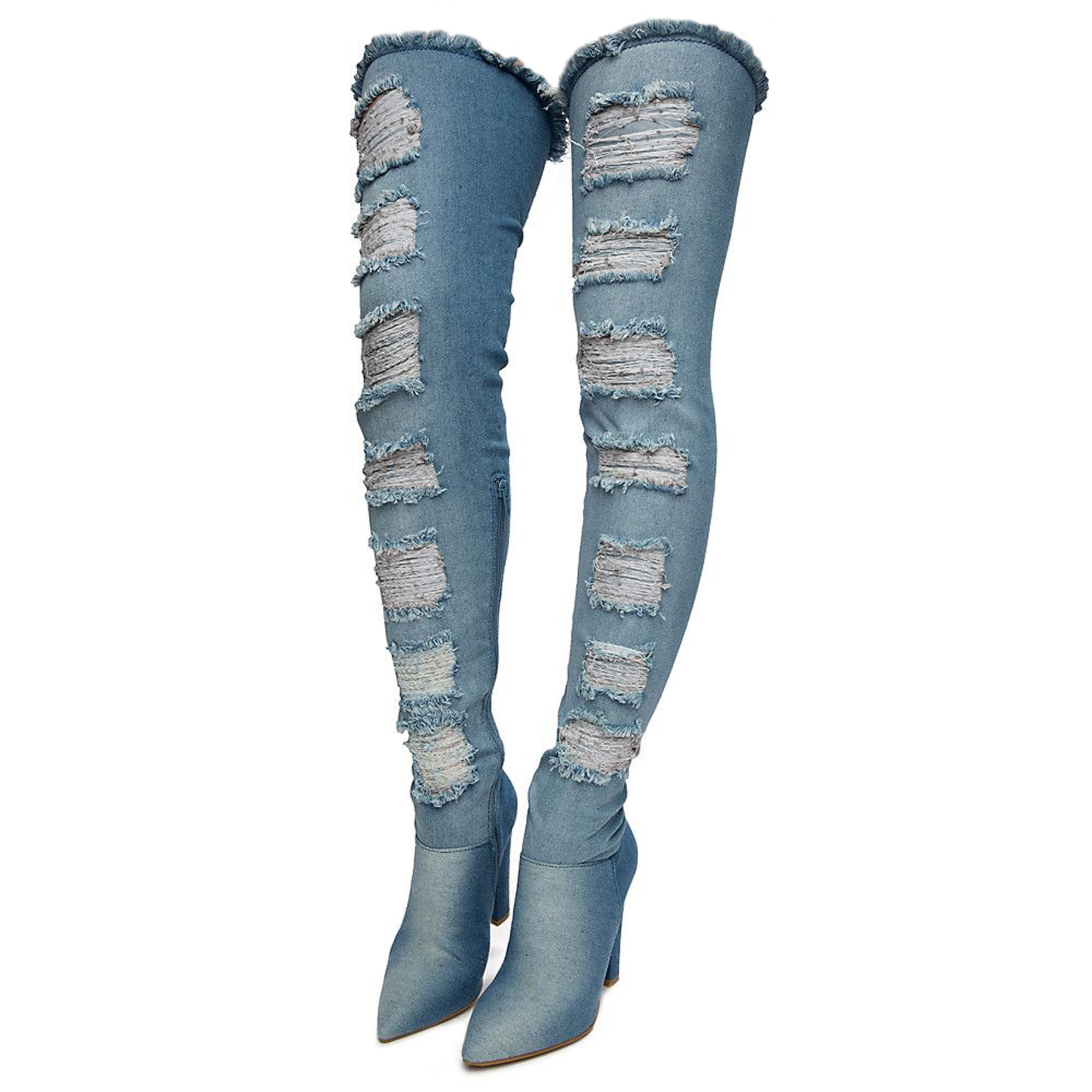 BAMBOO Madam Thigh-High Heel Denim Boots JPM MADAM-51S