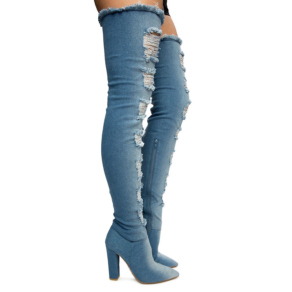 blue jean high heel boots