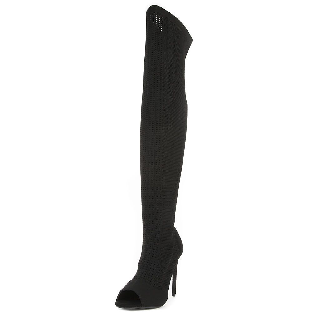 Cape Robbin Elnora-27 Thigh High Boots - Open Toe Knit Stretch Pull On Boots, Black - View #6