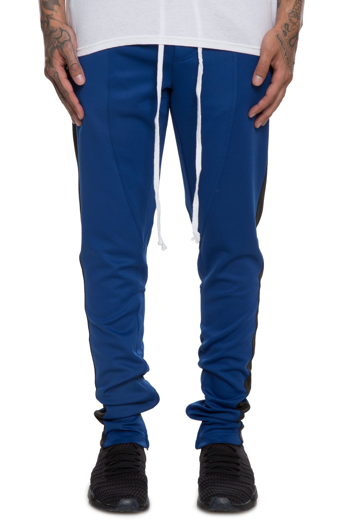 black and royal blue track pants